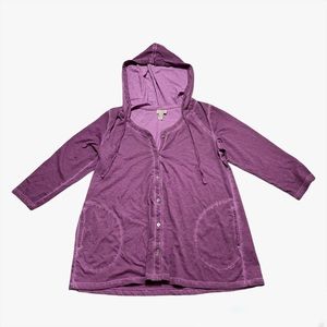 LOGO Lori Goldstein Button Up Hooded 3/4 Sleeve Casual Loungewear Blouse Small